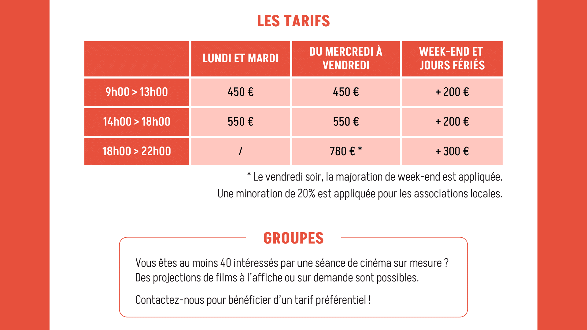 Tarifs salle photo